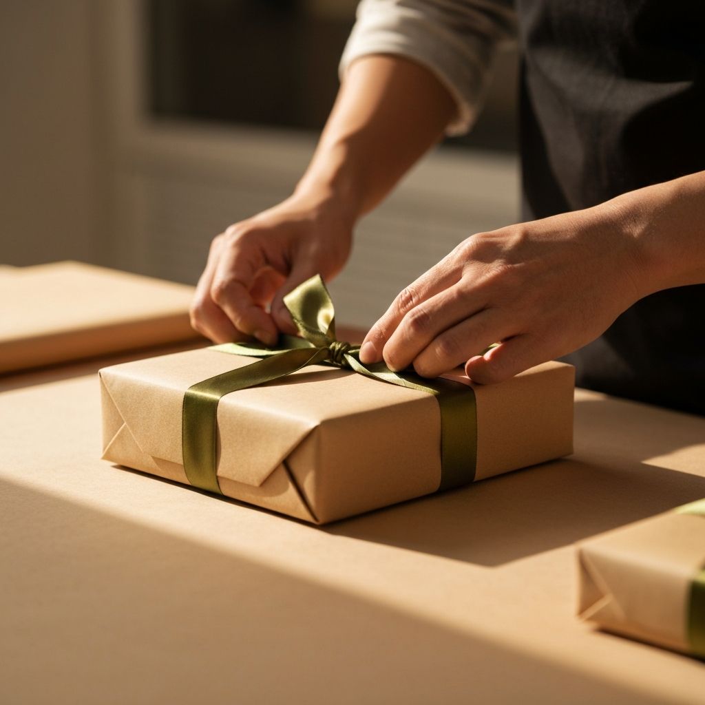 Artisan hands wrapping a handcrafted gift at Soul Goods Studio